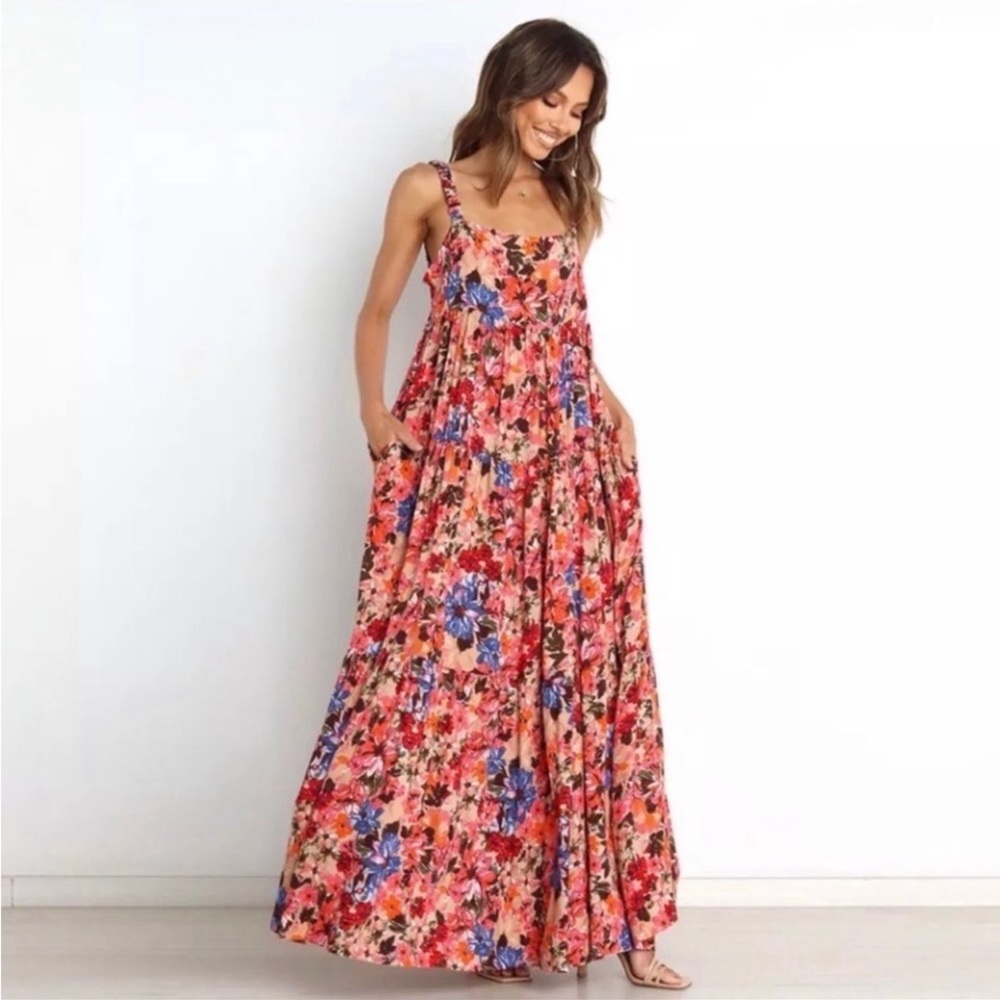 Floral Spaghetti-Strap Maxi Dress in Coral Pink - Picture 4 of 15